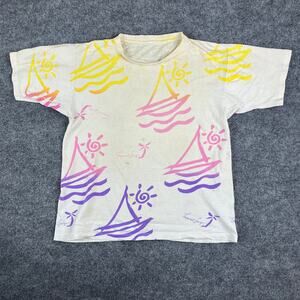 Tropical Cargo T-Shirt Men Size L White Multicolor Graphic Vintage 80s Sailboat